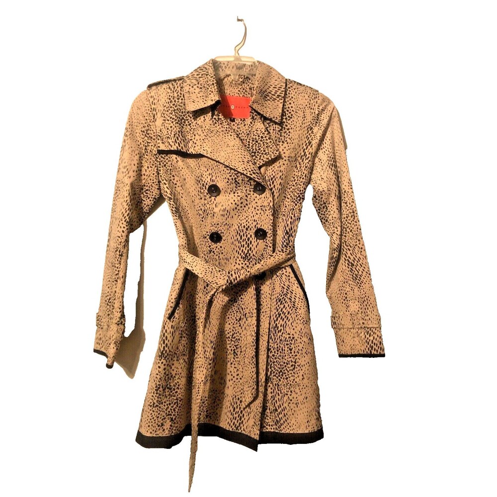 Animal Print Trench Coat Raincoat Small Double Breasted Military Black Trim